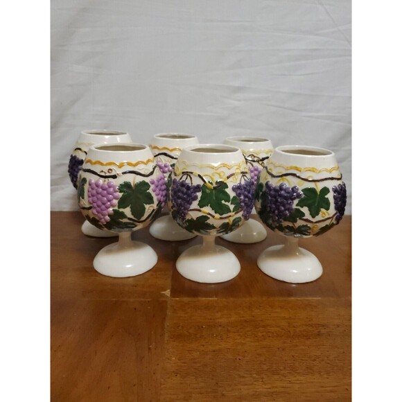 Arnels Ceramic Wine Goblet Glasses Set Of 6 Purple Grapes Green Vines Embossed - Picture 1 of 9